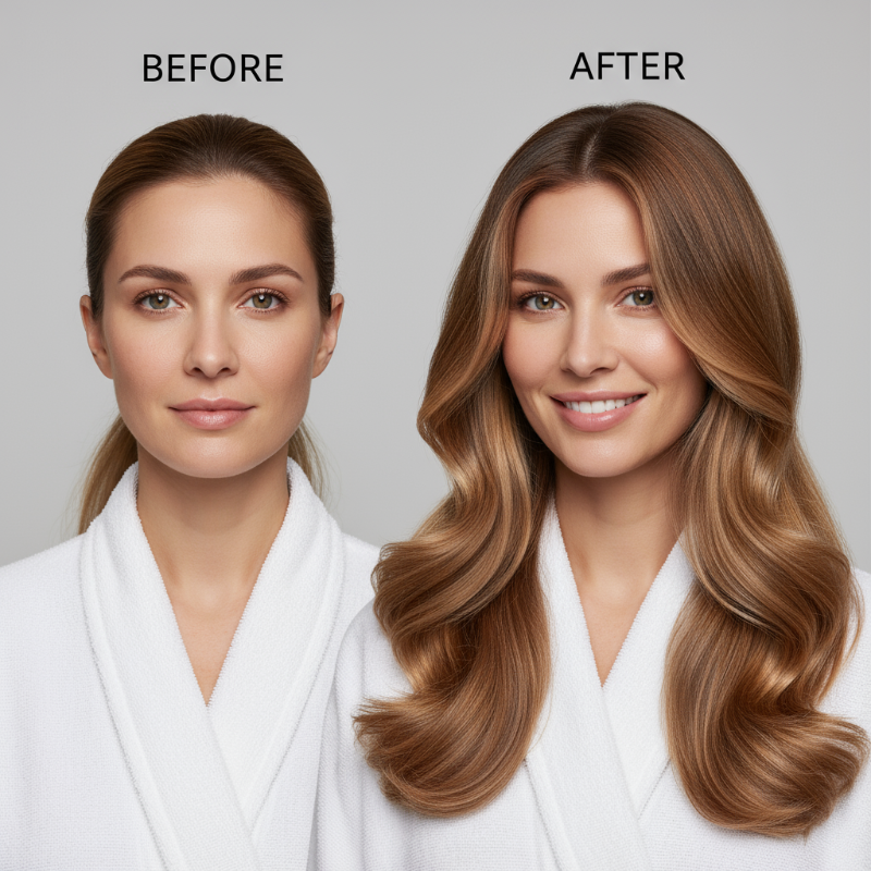 create a before and after of a woman with hair loss and then with a full mane of hair