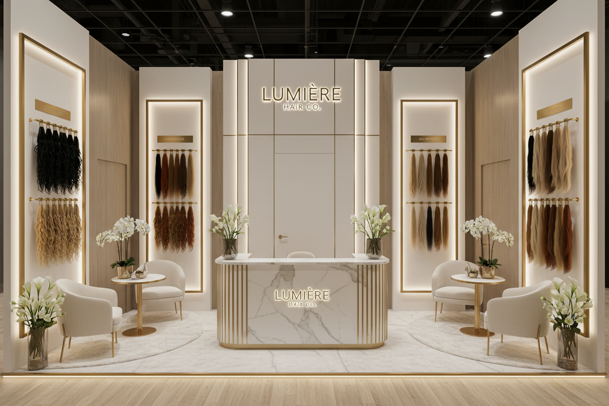 Create a non stocky, 4k photo realistic photo of a private label hair extension exhibition booth.