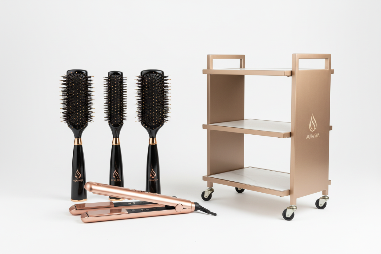 Create custom branded salon accessories, to include brushes, flat irons and carts.