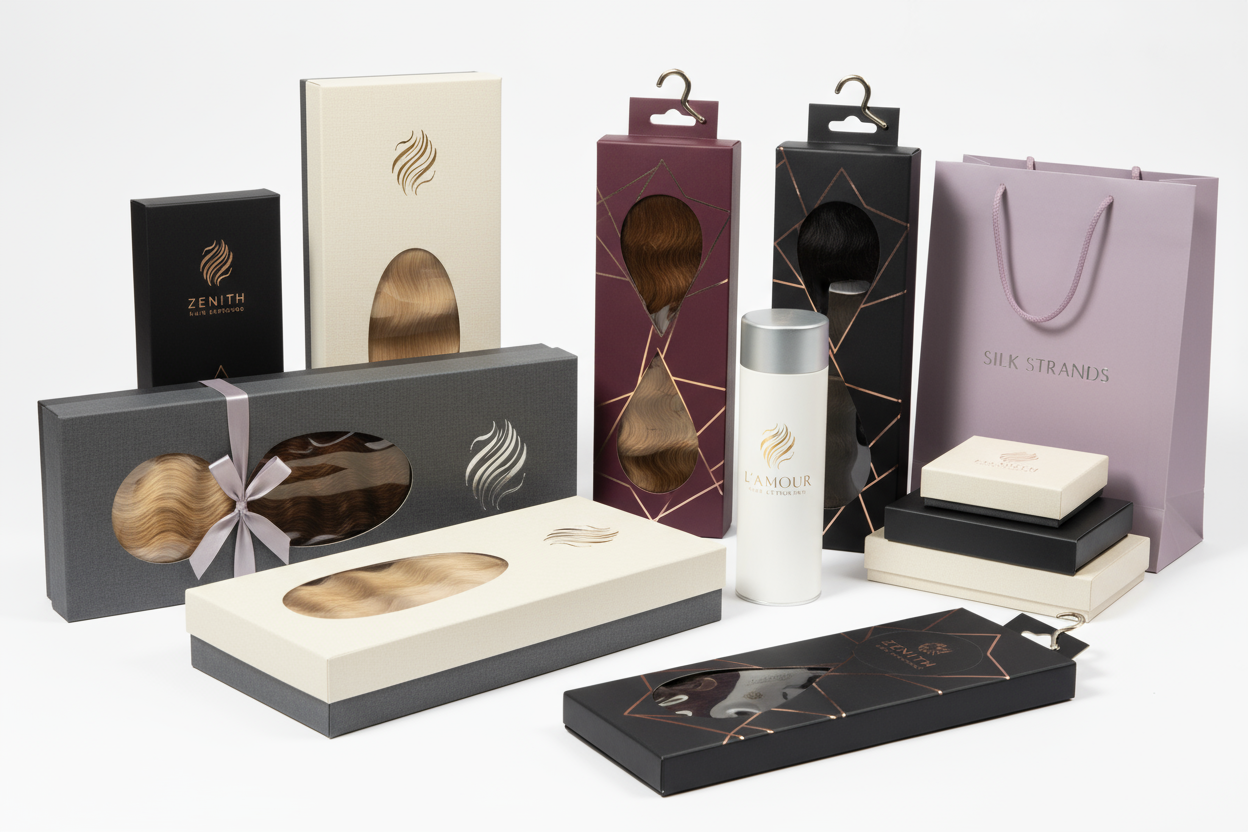 Generate a 4k close up image of retail packaging examples for hair extensions.