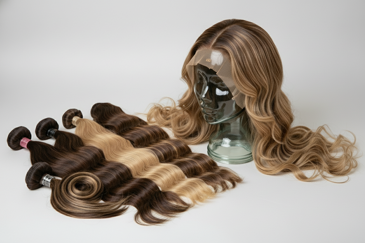 Generate a 4k realistic photo of a custom hair extension pieces, including custom wigs