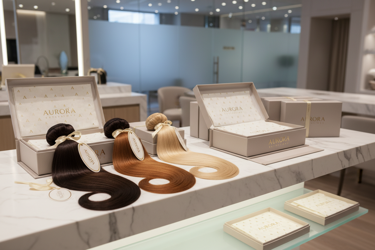 Generate a HD photo of a private label hair extension brand. Showcase the hair an unique packaging within a modern retail space. 
