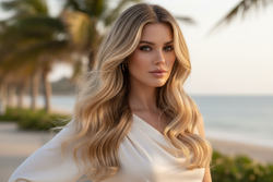 Long beach wave hair extensions on a beautiful blonde girl